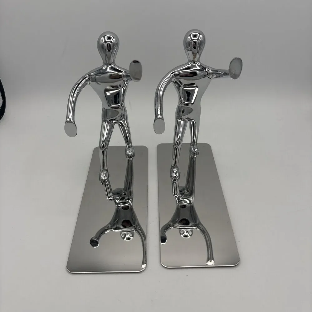 Pair of Pop Art Chrome Modern Man Abstract Figure Bookends Modernist Sculpture